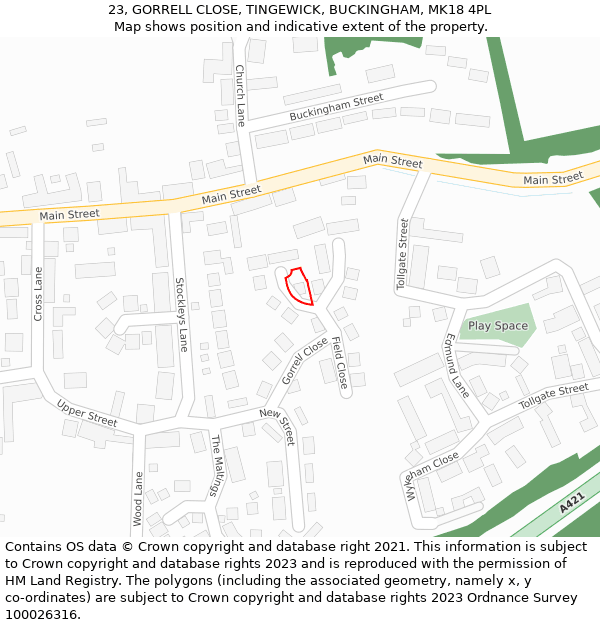 23, GORRELL CLOSE, TINGEWICK, BUCKINGHAM, MK18 4PL: Location map and indicative extent of plot