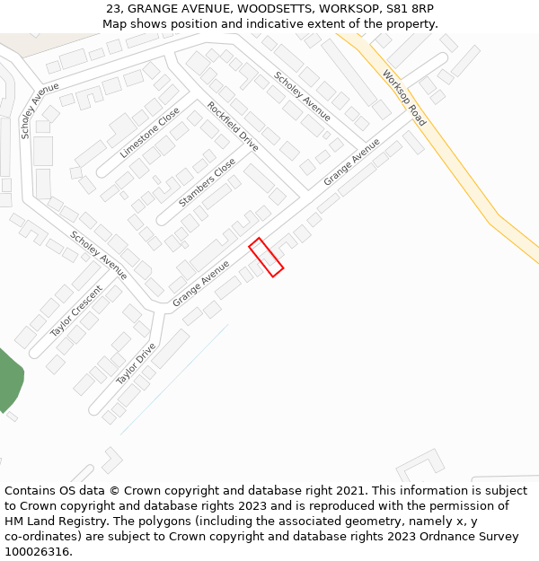 23, GRANGE AVENUE, WOODSETTS, WORKSOP, S81 8RP: Location map and indicative extent of plot