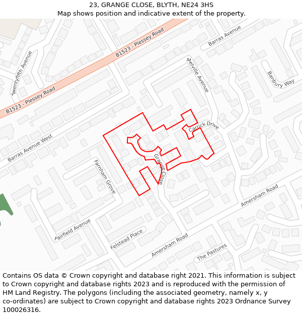 23, GRANGE CLOSE, BLYTH, NE24 3HS: Location map and indicative extent of plot