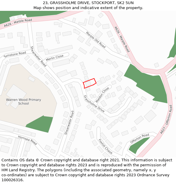 23, GRASSHOLME DRIVE, STOCKPORT, SK2 5UN: Location map and indicative extent of plot