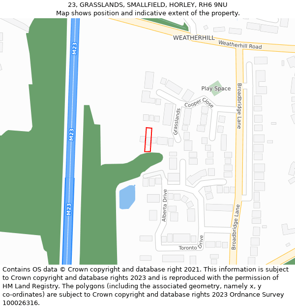 23, GRASSLANDS, SMALLFIELD, HORLEY, RH6 9NU: Location map and indicative extent of plot