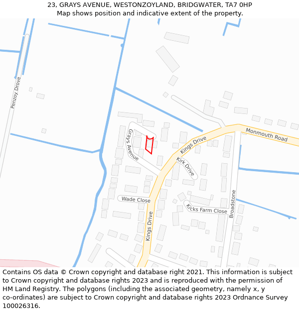 23, GRAYS AVENUE, WESTONZOYLAND, BRIDGWATER, TA7 0HP: Location map and indicative extent of plot