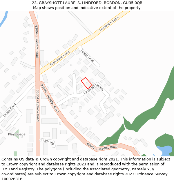 23, GRAYSHOTT LAURELS, LINDFORD, BORDON, GU35 0QB: Location map and indicative extent of plot