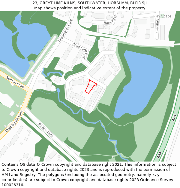 23, GREAT LIME KILNS, SOUTHWATER, HORSHAM, RH13 9JL: Location map and indicative extent of plot