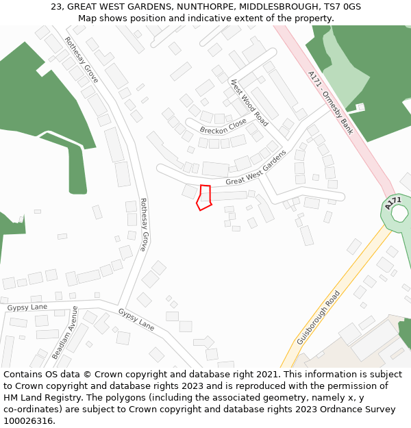 23, GREAT WEST GARDENS, NUNTHORPE, MIDDLESBROUGH, TS7 0GS: Location map and indicative extent of plot