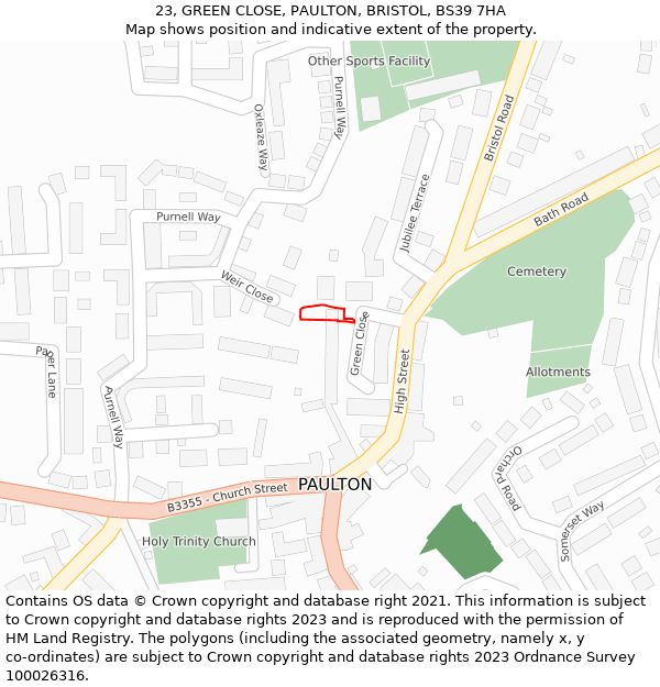 23, GREEN CLOSE, PAULTON, BRISTOL, BS39 7HA: Location map and indicative extent of plot