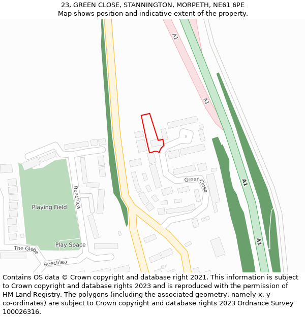 23, GREEN CLOSE, STANNINGTON, MORPETH, NE61 6PE: Location map and indicative extent of plot