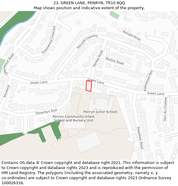 23, GREEN LANE, PENRYN, TR10 8QQ: Location map and indicative extent of plot