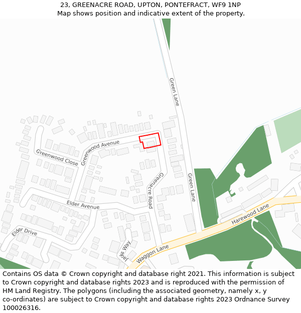 23, GREENACRE ROAD, UPTON, PONTEFRACT, WF9 1NP: Location map and indicative extent of plot