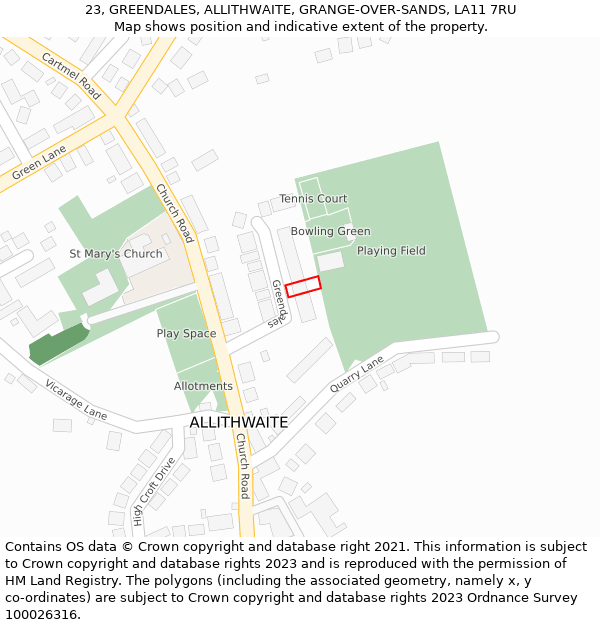 23, GREENDALES, ALLITHWAITE, GRANGE-OVER-SANDS, LA11 7RU: Location map and indicative extent of plot