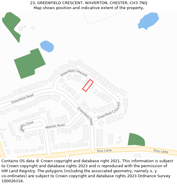 23, GREENFIELD CRESCENT, WAVERTON, CHESTER, CH3 7NQ: Location map and indicative extent of plot