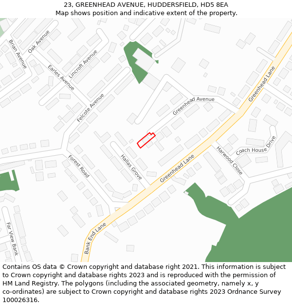 23, GREENHEAD AVENUE, HUDDERSFIELD, HD5 8EA: Location map and indicative extent of plot