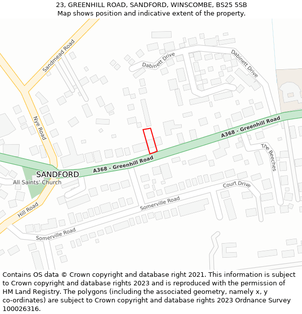 23, GREENHILL ROAD, SANDFORD, WINSCOMBE, BS25 5SB: Location map and indicative extent of plot