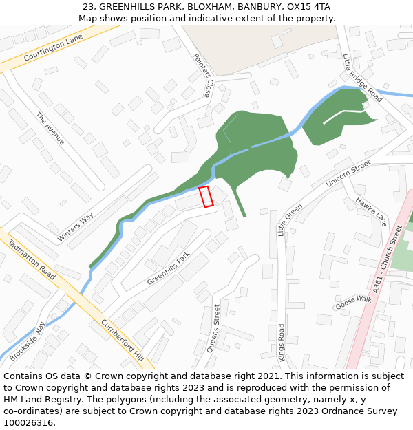 23, GREENHILLS PARK, BLOXHAM, BANBURY, OX15 4TA: Location map and indicative extent of plot