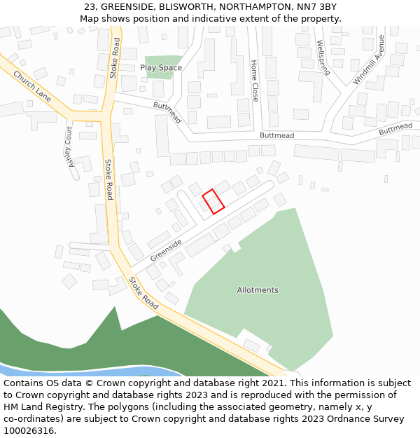 23, GREENSIDE, BLISWORTH, NORTHAMPTON, NN7 3BY: Location map and indicative extent of plot