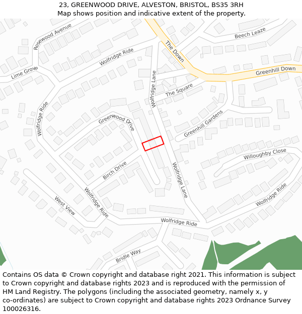 23, GREENWOOD DRIVE, ALVESTON, BRISTOL, BS35 3RH: Location map and indicative extent of plot