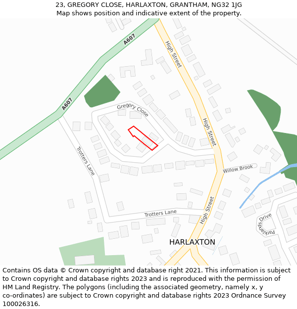 23, GREGORY CLOSE, HARLAXTON, GRANTHAM, NG32 1JG: Location map and indicative extent of plot