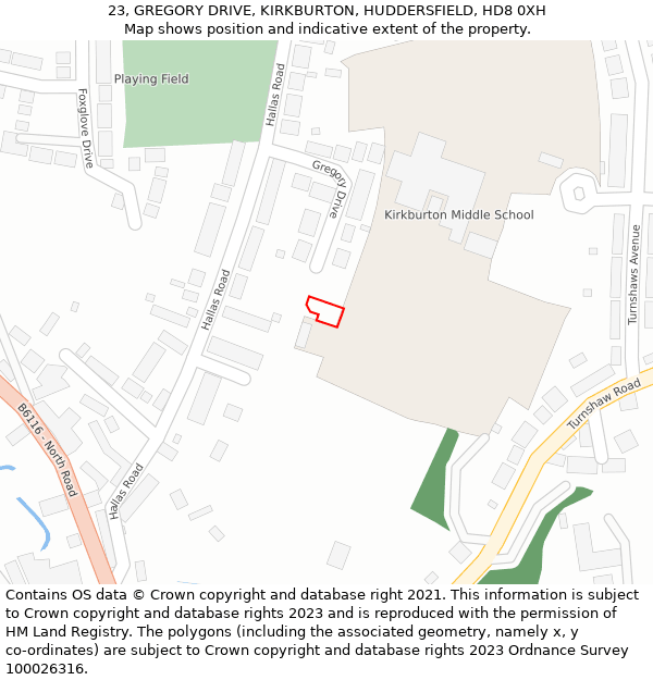 23, GREGORY DRIVE, KIRKBURTON, HUDDERSFIELD, HD8 0XH: Location map and indicative extent of plot