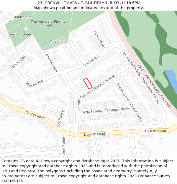 23, GRENVILLE AVENUE, RHUDDLAN, RHYL, LL18 5PN: Location map and indicative extent of plot