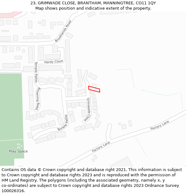 23, GRIMWADE CLOSE, BRANTHAM, MANNINGTREE, CO11 1QY: Location map and indicative extent of plot