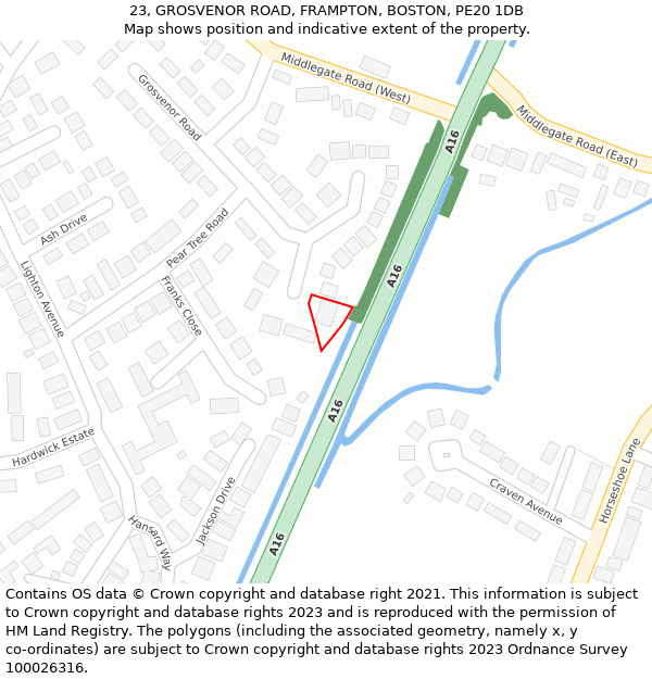 23, GROSVENOR ROAD, FRAMPTON, BOSTON, PE20 1DB: Location map and indicative extent of plot