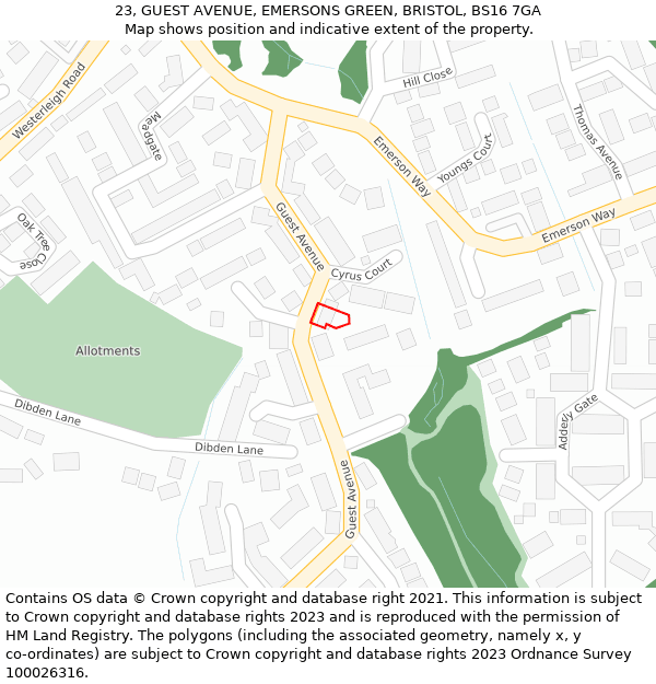 23, GUEST AVENUE, EMERSONS GREEN, BRISTOL, BS16 7GA: Location map and indicative extent of plot