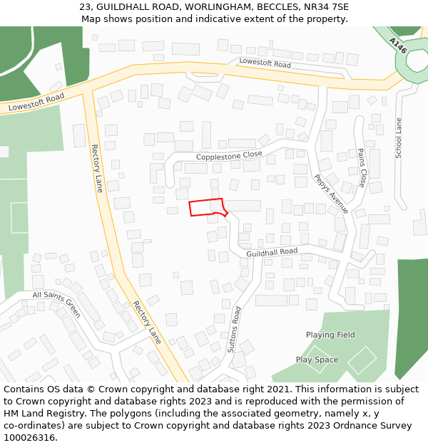 23, GUILDHALL ROAD, WORLINGHAM, BECCLES, NR34 7SE: Location map and indicative extent of plot