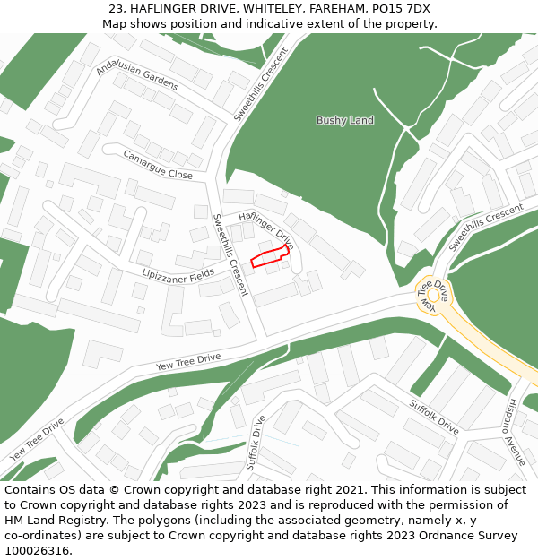 23, HAFLINGER DRIVE, WHITELEY, FAREHAM, PO15 7DX: Location map and indicative extent of plot