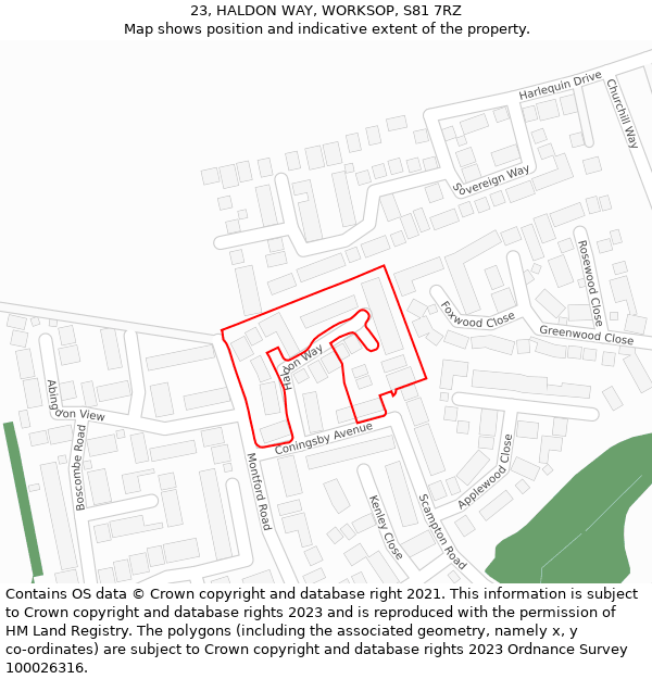 23, HALDON WAY, WORKSOP, S81 7RZ: Location map and indicative extent of plot