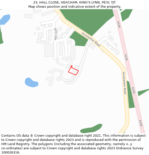 23, HALL CLOSE, HEACHAM, KING'S LYNN, PE31 7JT: Location map and indicative extent of plot