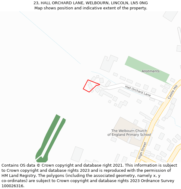 23, HALL ORCHARD LANE, WELBOURN, LINCOLN, LN5 0NG: Location map and indicative extent of plot