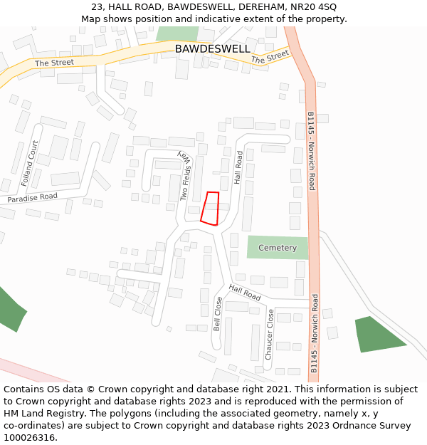 23, HALL ROAD, BAWDESWELL, DEREHAM, NR20 4SQ: Location map and indicative extent of plot