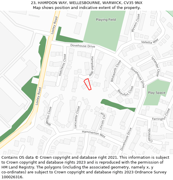 23, HAMPDON WAY, WELLESBOURNE, WARWICK, CV35 9NX: Location map and indicative extent of plot