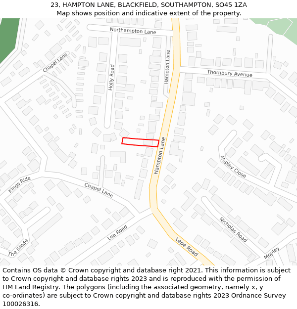 23, HAMPTON LANE, BLACKFIELD, SOUTHAMPTON, SO45 1ZA: Location map and indicative extent of plot