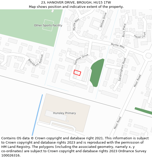 23, HANOVER DRIVE, BROUGH, HU15 1TW: Location map and indicative extent of plot