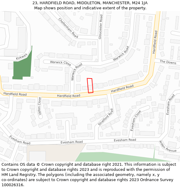 23, HARDFIELD ROAD, MIDDLETON, MANCHESTER, M24 1JA: Location map and indicative extent of plot