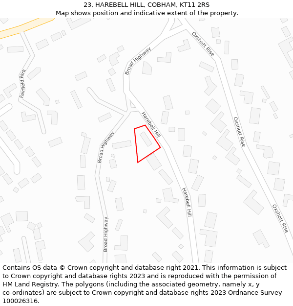 23, HAREBELL HILL, COBHAM, KT11 2RS: Location map and indicative extent of plot