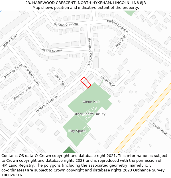 23, HAREWOOD CRESCENT, NORTH HYKEHAM, LINCOLN, LN6 8JB: Location map and indicative extent of plot