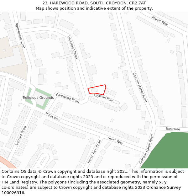 23, HAREWOOD ROAD, SOUTH CROYDON, CR2 7AT: Location map and indicative extent of plot