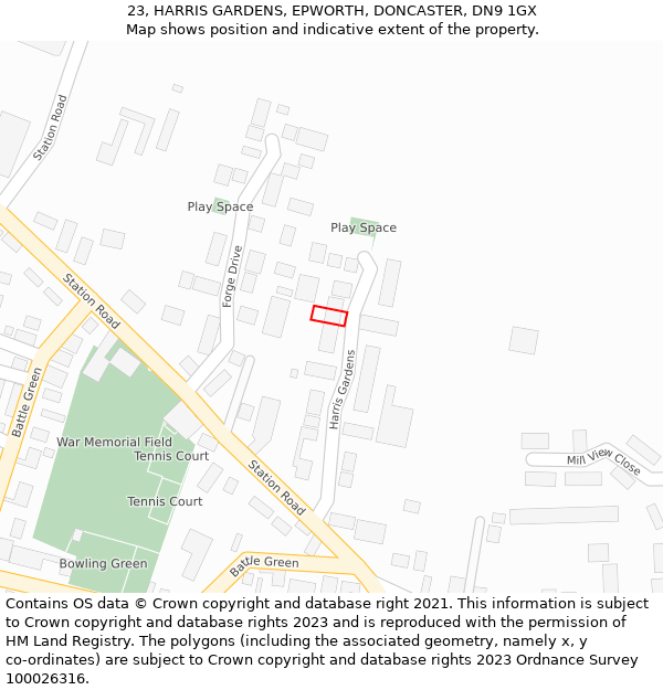 23, HARRIS GARDENS, EPWORTH, DONCASTER, DN9 1GX: Location map and indicative extent of plot