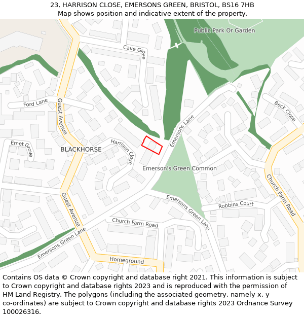 23, HARRISON CLOSE, EMERSONS GREEN, BRISTOL, BS16 7HB: Location map and indicative extent of plot