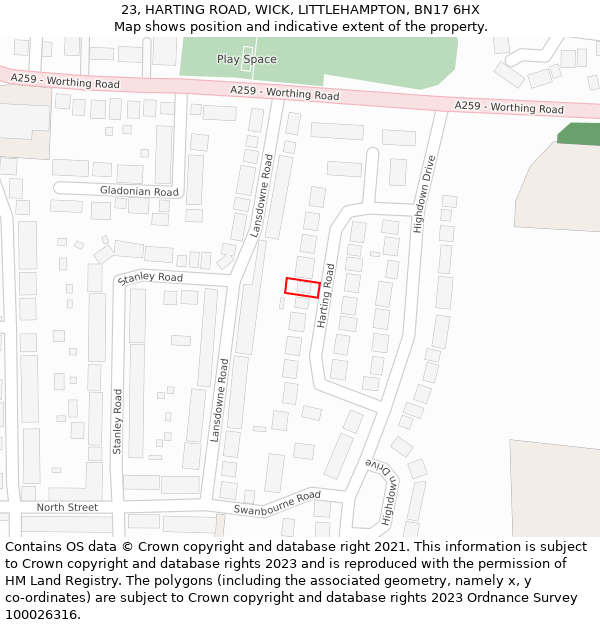 23, HARTING ROAD, WICK, LITTLEHAMPTON, BN17 6HX: Location map and indicative extent of plot