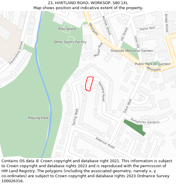 23, HARTLAND ROAD, WORKSOP, S80 1XL: Location map and indicative extent of plot