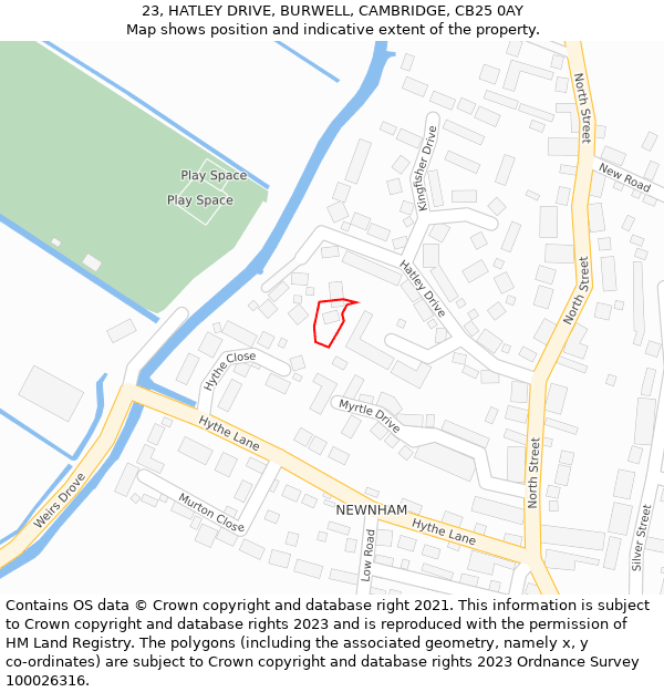 23, HATLEY DRIVE, BURWELL, CAMBRIDGE, CB25 0AY: Location map and indicative extent of plot
