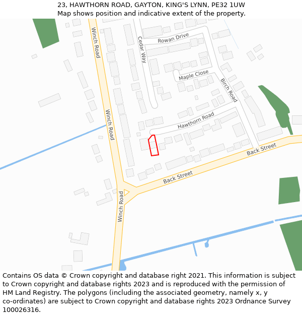 23, HAWTHORN ROAD, GAYTON, KING'S LYNN, PE32 1UW: Location map and indicative extent of plot