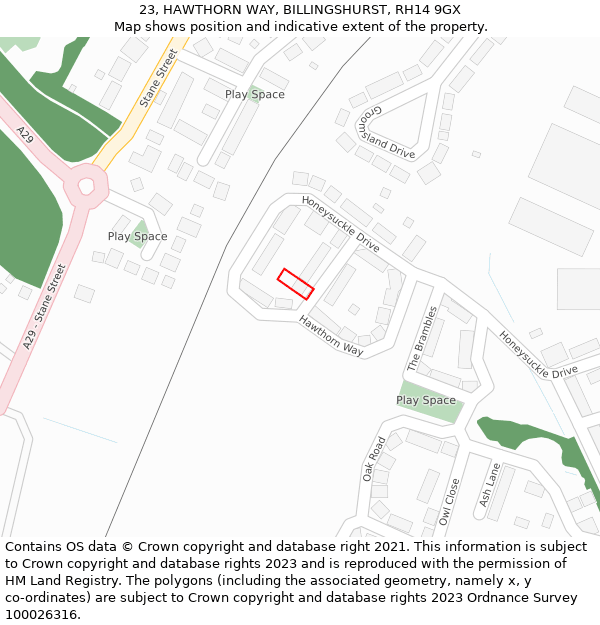 23, HAWTHORN WAY, BILLINGSHURST, RH14 9GX: Location map and indicative extent of plot