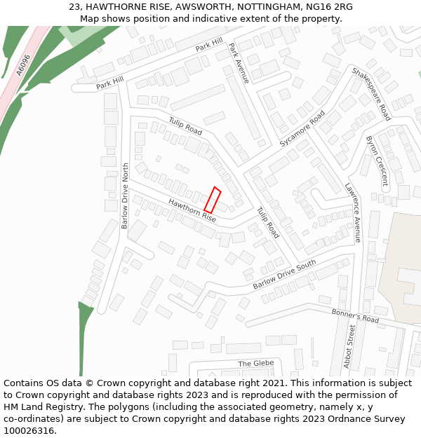 23, HAWTHORNE RISE, AWSWORTH, NOTTINGHAM, NG16 2RG: Location map and indicative extent of plot