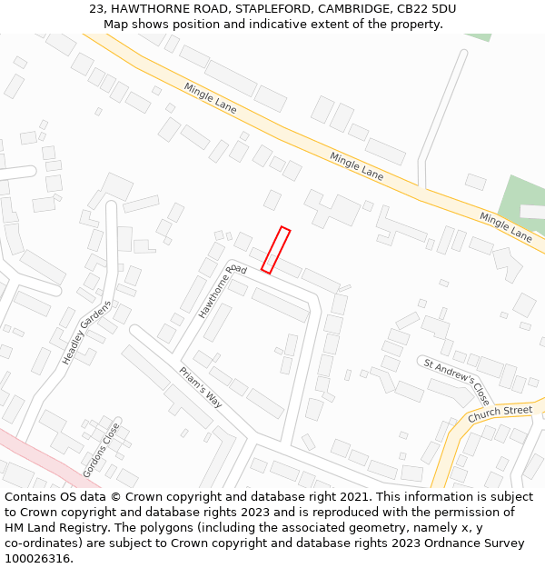 23, HAWTHORNE ROAD, STAPLEFORD, CAMBRIDGE, CB22 5DU: Location map and indicative extent of plot