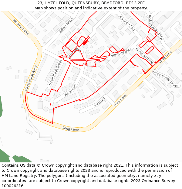 23, HAZEL FOLD, QUEENSBURY, BRADFORD, BD13 2FE: Location map and indicative extent of plot