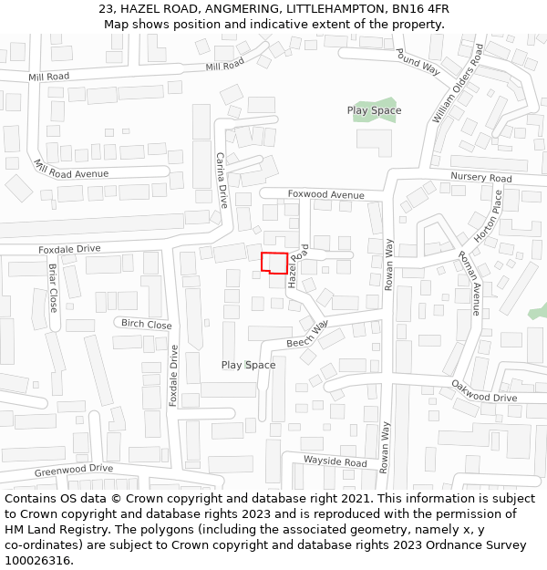 23, HAZEL ROAD, ANGMERING, LITTLEHAMPTON, BN16 4FR: Location map and indicative extent of plot